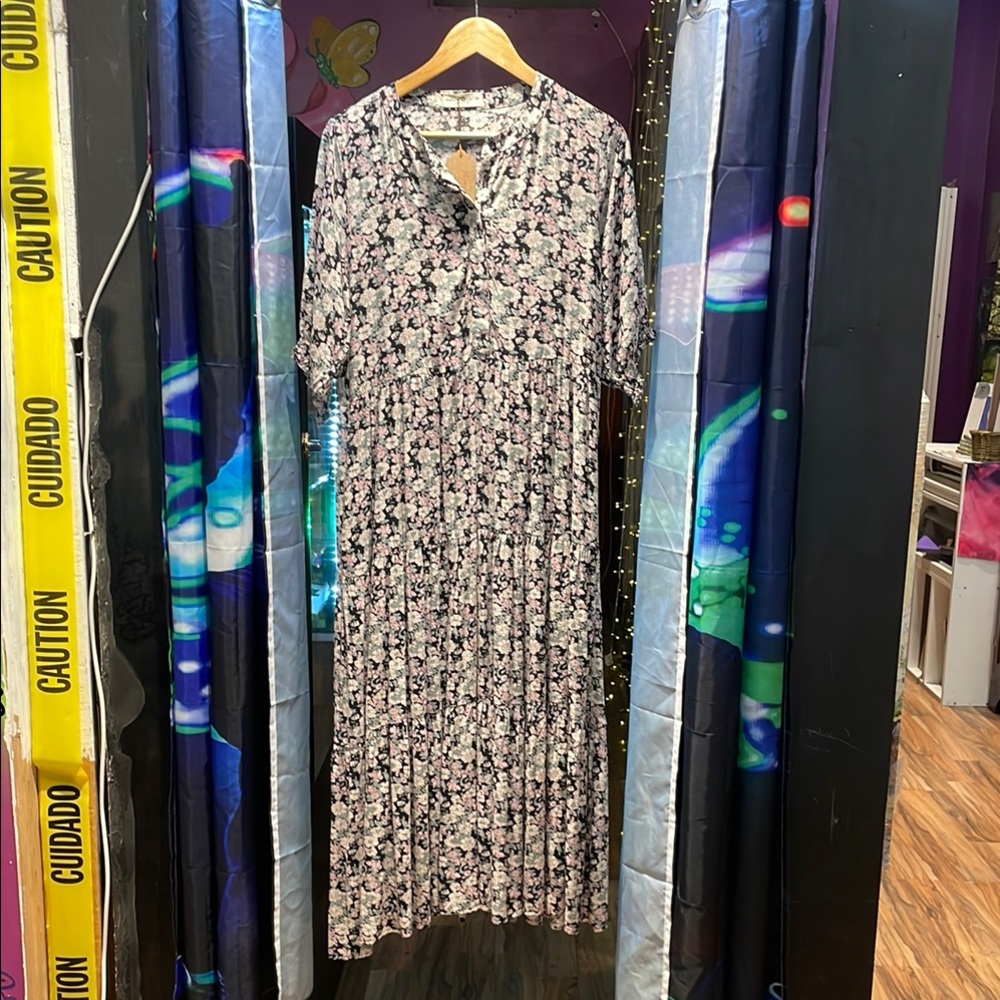 NATURAL LIFE Black and Pink Floral Long Sleeve Dress